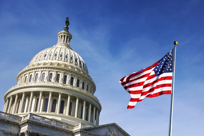 American flag waving with the Capitol Hill in the background