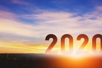 New year 2020 concept, Silhouette young success business man with sky at sunset, banner size