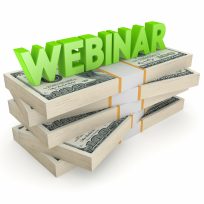 Word WEBINAR on stack of dollars.Isolated on white.3d rendered.