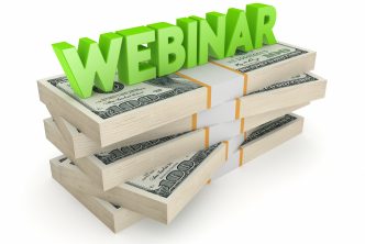 Word WEBINAR on stack of dollars.Isolated on white.3d rendered.