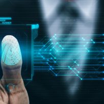 Fingerprint Biometric Digital Scan Technology. Graphic interface showing man finger with print scanning identification. Concept of digital security and private data access by use fingerprint scanner.