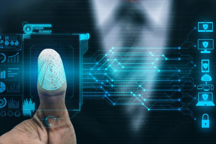 Fingerprint Biometric Digital Scan Technology. Graphic interface showing man finger with print scanning identification. Concept of digital security and private data access by use fingerprint scanner.