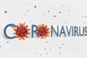 Abstract coronavirus banner - 3d rendered image of virus, bacteria, pathogen. Retro style. Particle effect. Abstract biology and technology background. Nanotechnology concept. Banner Sign view with information text. Concept - MERS-CoV, SARS-CoV, ТОРС, 2019-nCoV, Wuhan Coronavirus.