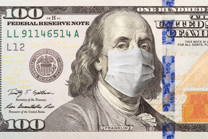 One Hundred Dollar Bill With Medical Face Mask on George Washington.