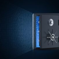 Online security concept with 3d rendering vault door open and binary code