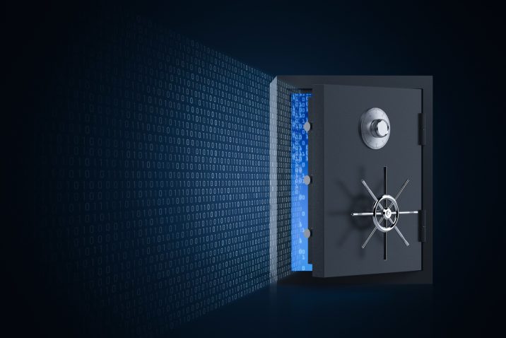 Online security concept with 3d rendering vault door open and binary code