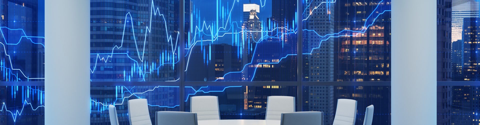 Panoramic conference room in modern office, cityscape of New York skyscrapers at night, Manhattan. Financial chart is over the cityscape. White chairs and a white round table. 3D rendering.