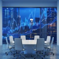 Panoramic conference room in modern office, cityscape of New York skyscrapers at night, Manhattan. Financial chart is over the cityscape. White chairs and a white round table. 3D rendering.