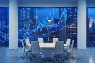 Panoramic conference room in modern office, cityscape of New York skyscrapers at night, Manhattan. Financial chart is over the cityscape. White chairs and a white round table. 3D rendering.