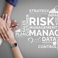 Risk Management and Assessment for Business Investment Concept. Modern graphic interface showing symbols of strategy in risky plan analysis to control unpredictable loss and build financial safety.