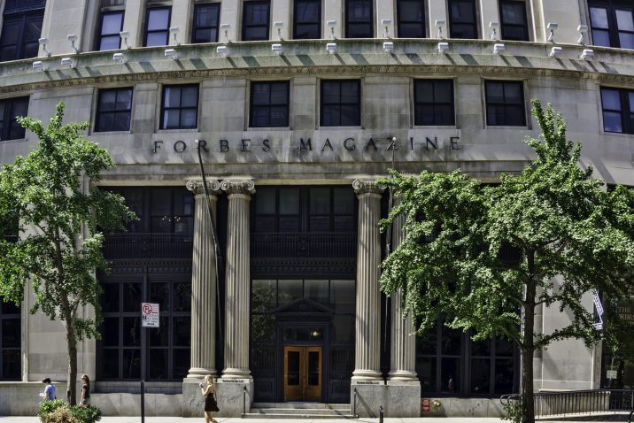 "New York City, USA - September 1, 2012: The office building of the well known Forbes Magazine located in Greenwich Village in Manhattan on a bright sunny Saturday afternoon."