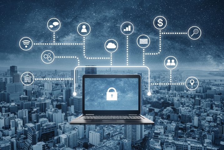 Internet and online network security system. Laptop computer with lock icon on screen and application programming interface icons